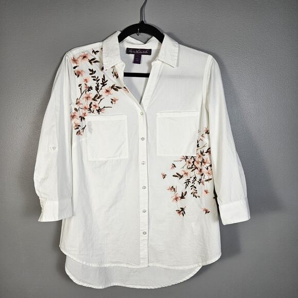 Gloria Vanderbilt Shirt Embroidered Flowers Light Weight Cotton Button Down Sz S - Picture 1 of 8
